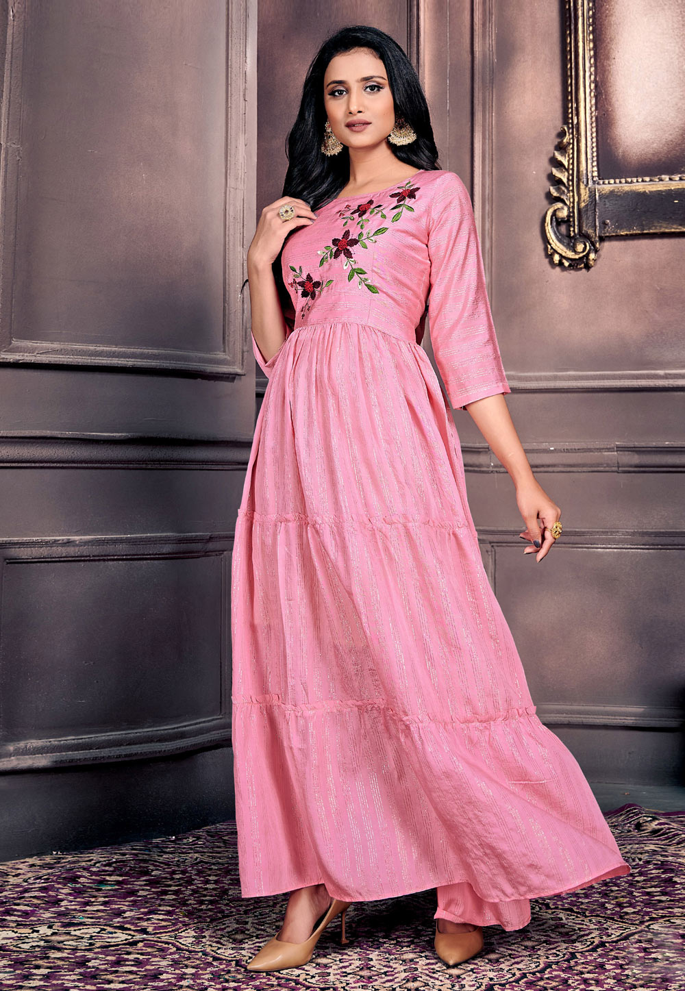 Pink Chanderi Party Wear Gown 225931