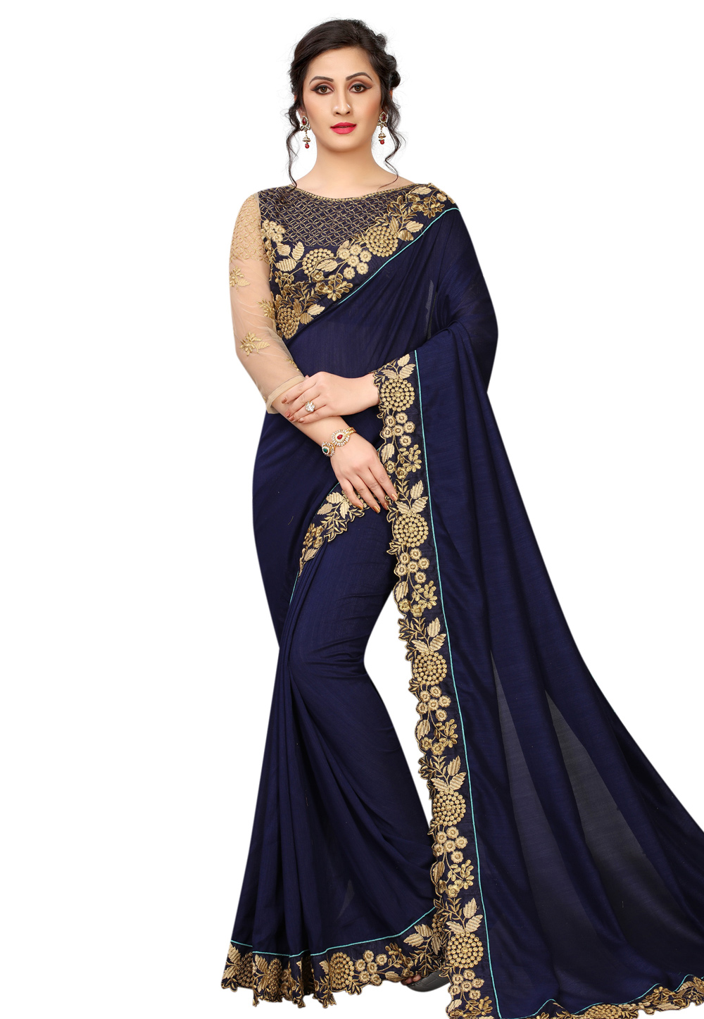 Navy Blue Chinon Saree With Blouse 159807