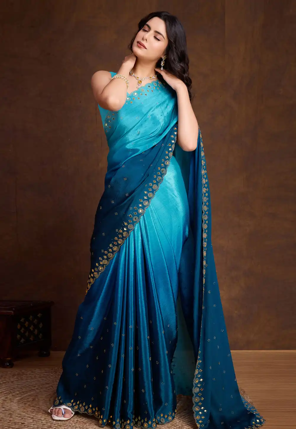 Aqua Chinon Saree With Blouse 294133