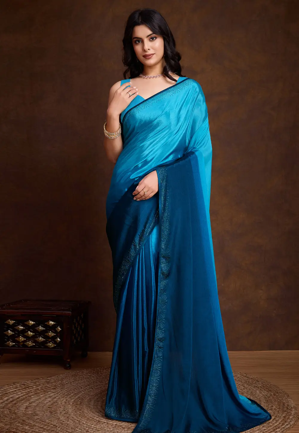 Aqua Chinon Saree With Blouse 295335