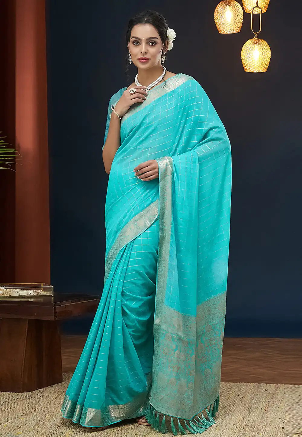 Aqua Georgette Saree With Blouse 290658