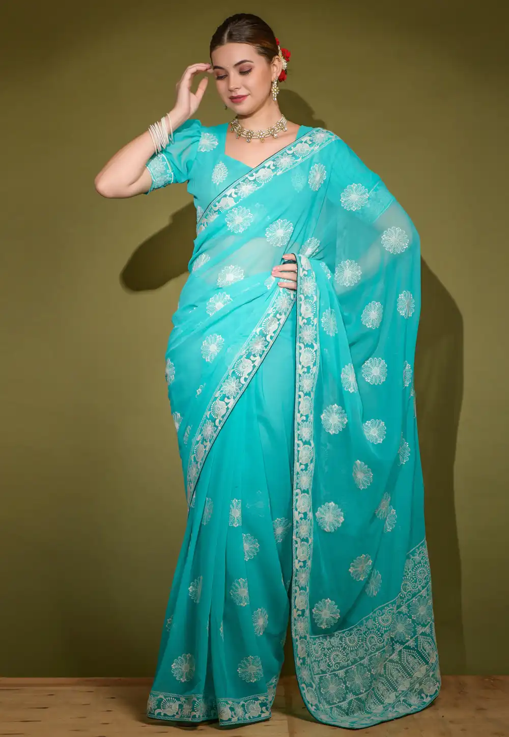 Aqua Georgette Saree With Blouse 291473