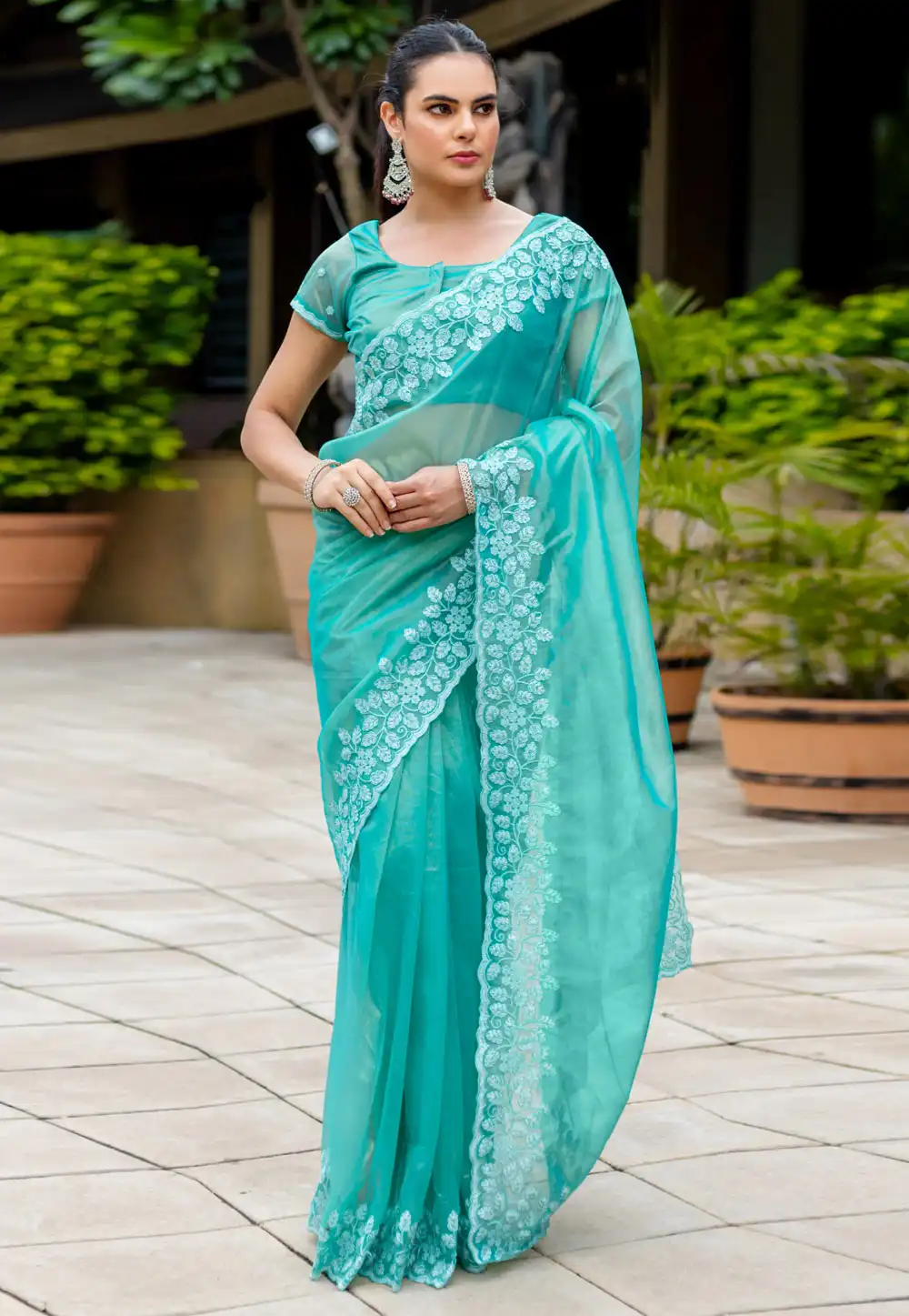 Aqua Net Saree With Blouse 293649