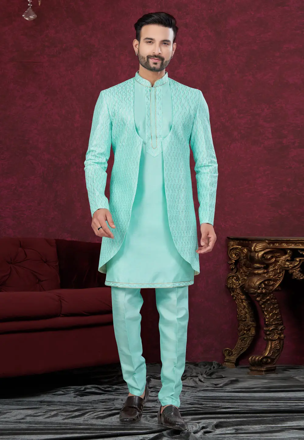 Aqua Silk Indo Western Suit 295587