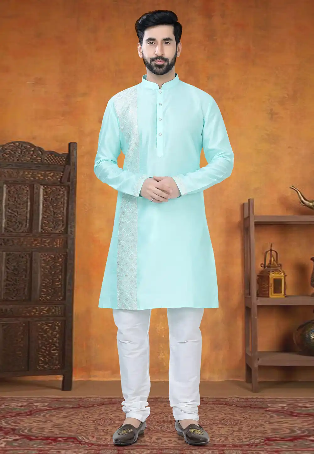 Aqua Silk Kurta Pajama 295026