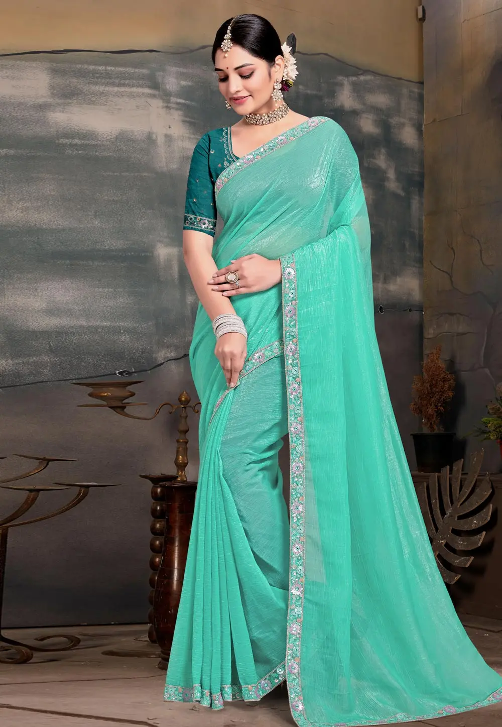 Aqua Silk Saree With Blouse 303629