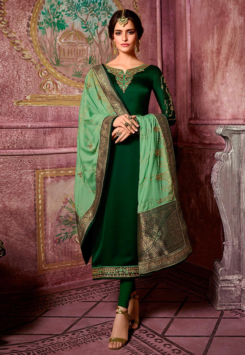 Green Satin Embroidered Churidar Salwar Kameez 184026