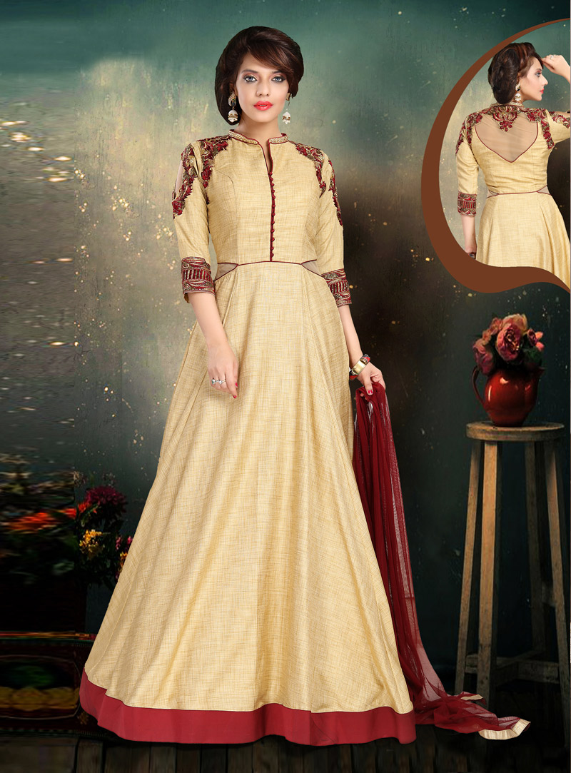 Beige Chanderi Readymade Abaya Style Anarkali Suit 147313