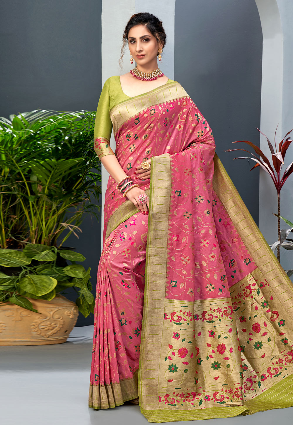 Pink Art Silk Paithani Saree With Blouse 225502