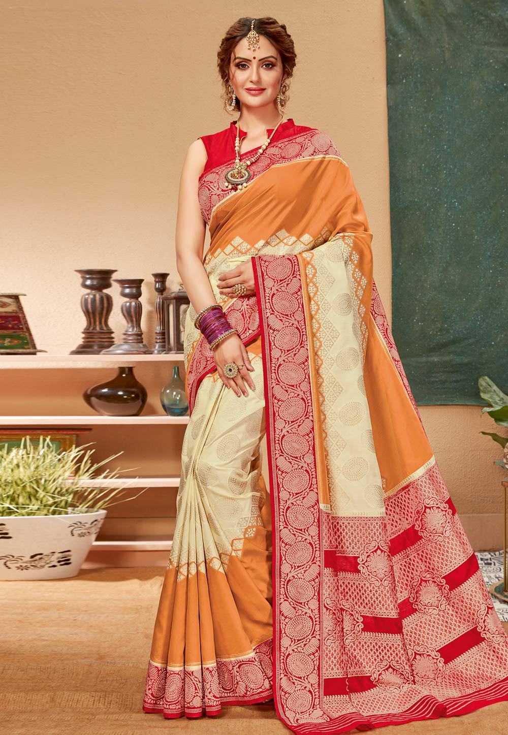 Orange Silk Saree With Blouse 210203