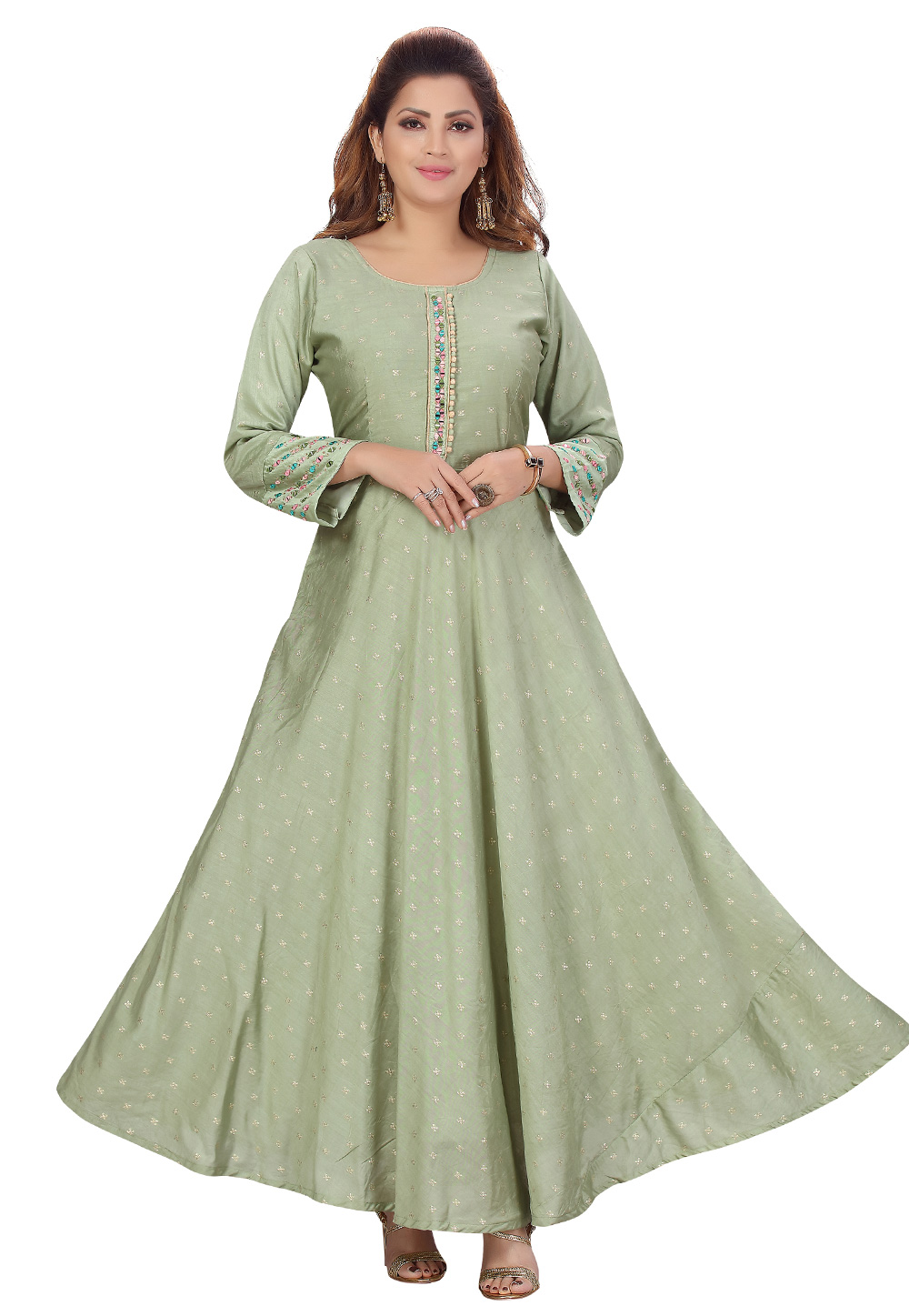 Olive Green Chanderi Gown 224410