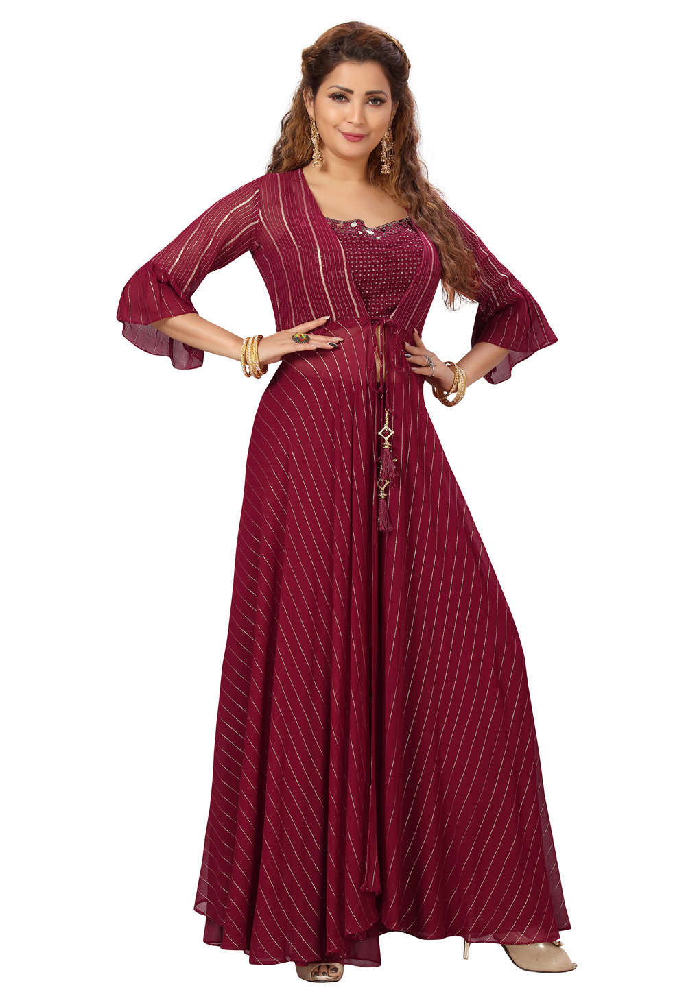 Wine Georgette Readymade Jacket Style Suit 234191