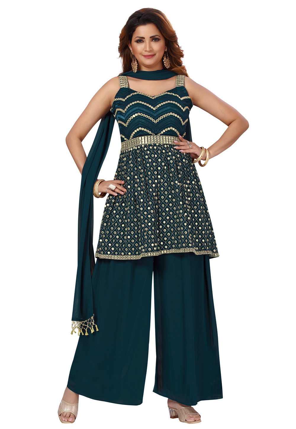 Teal Georgette Readymade Palazzo Suit 240347