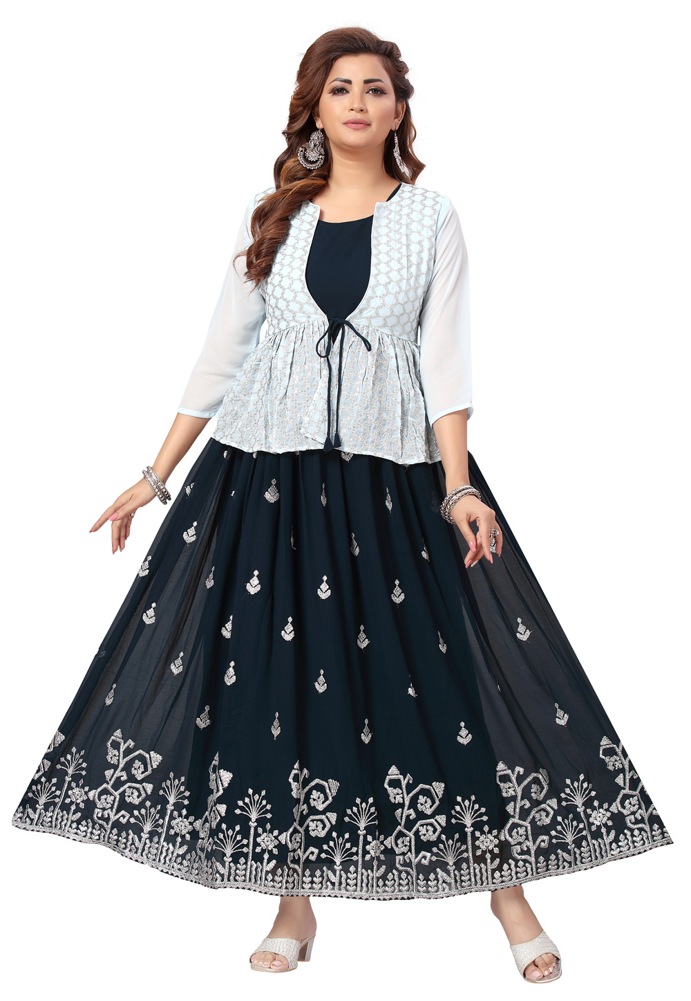 Navy Blue Georgette Jacket Style Gown 248511