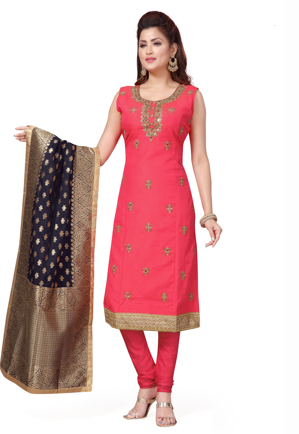 Pink Art Silk Readymade Churidar Suit 225136