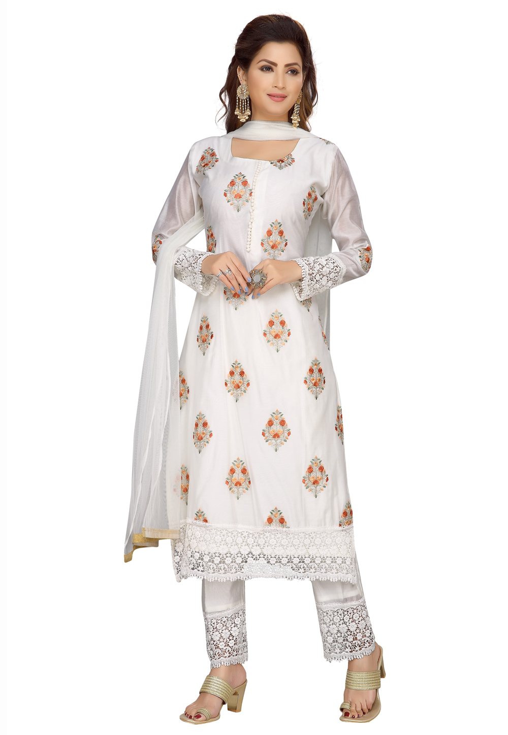 Off White Chanderi Readymade Pant Style Suit 225137