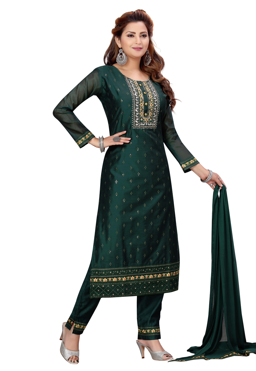 Green Chanderi Readymade Pant Style Suit 224460