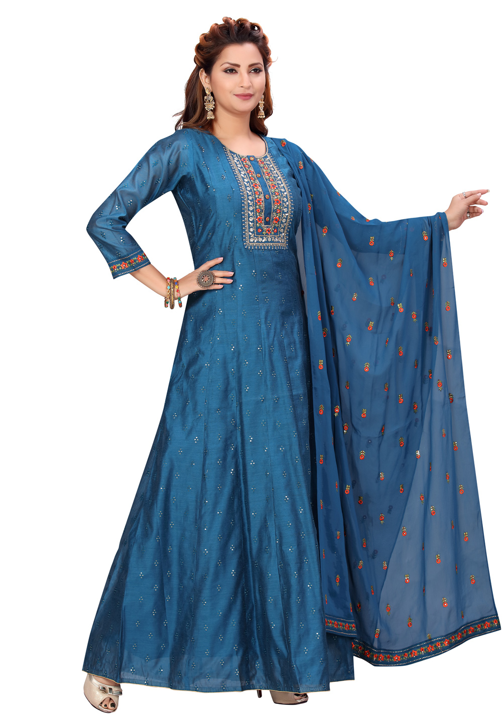 Blue Chanderi Readymade Abaya Style Anarkali Suit 224462