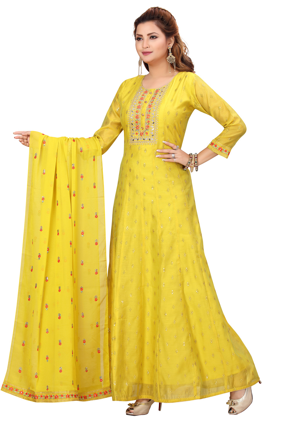 Yellow Chanderi Readymade Abaya Style Anarkali Suit 224464