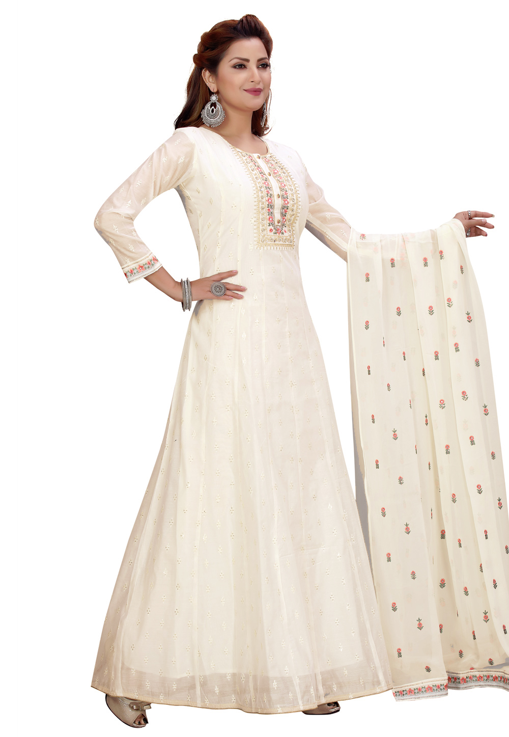 Off White Chanderi Readymade Ankle Length Anarkali Suit 224465