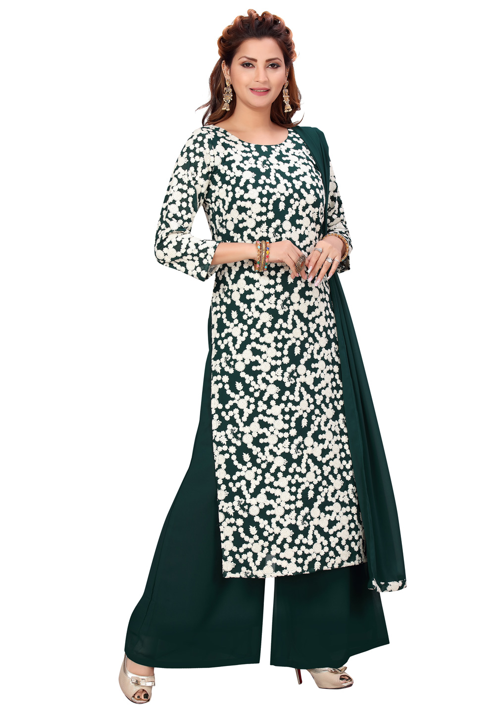 Green Georgette Readymade Palazzo Suit 224466
