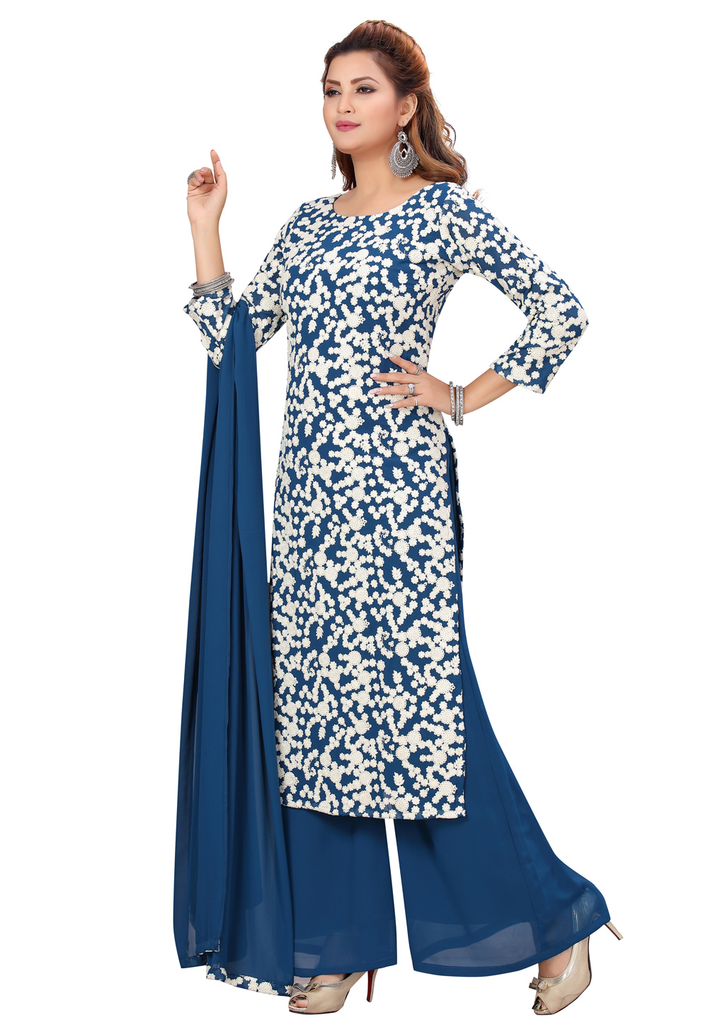 Blue Georgette Readymade Palazzo Suit 224467
