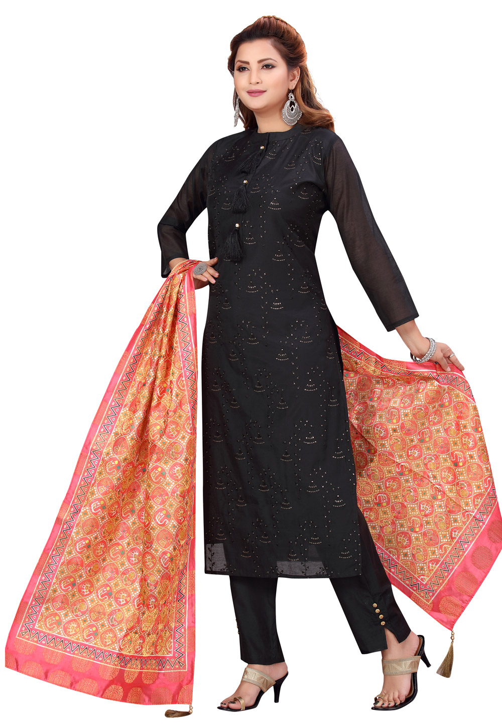Black Chanderi Readymade Pant Style Suit 224469