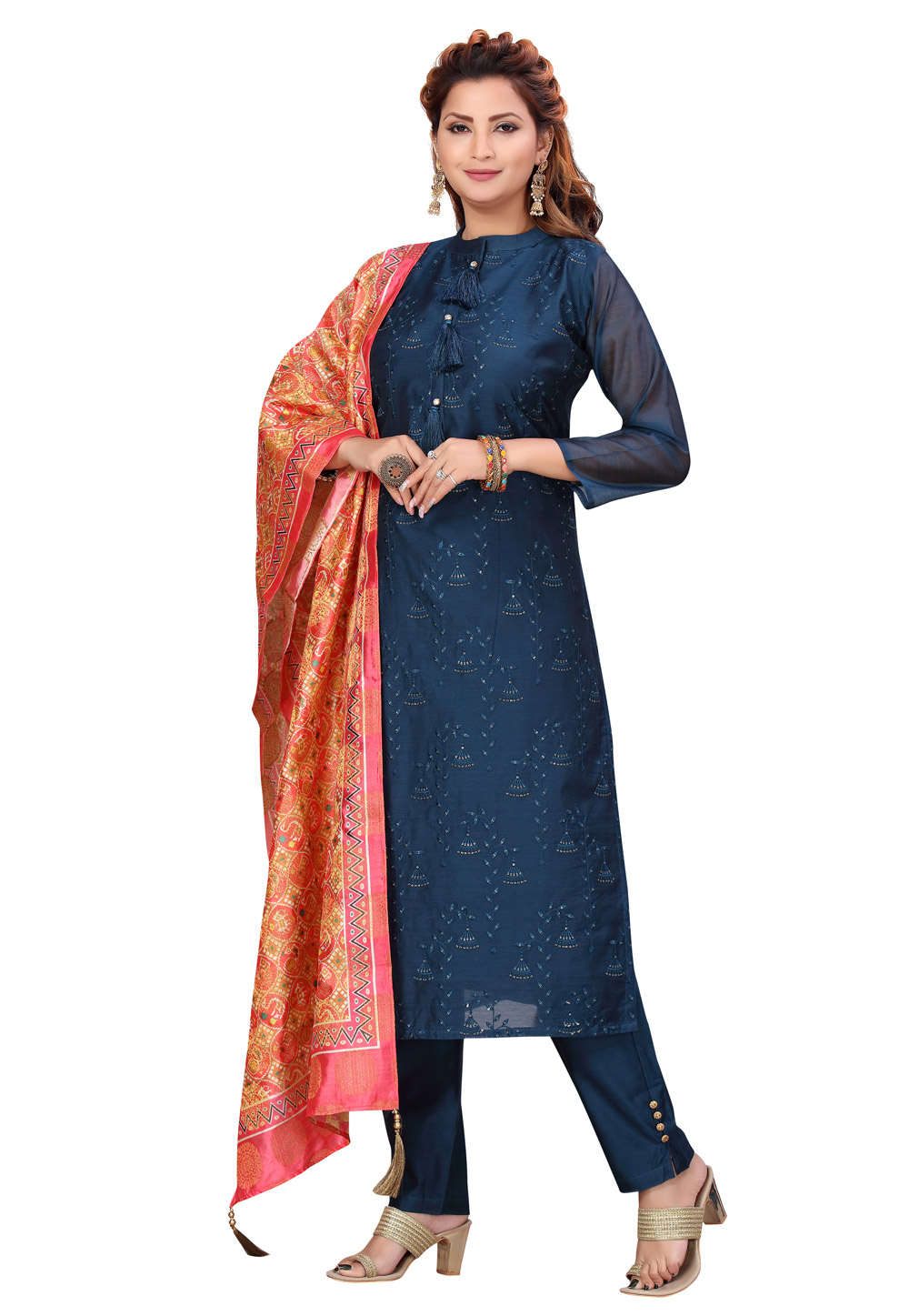 Navy Blue Chanderi Readymade Kameez With Pant 224470