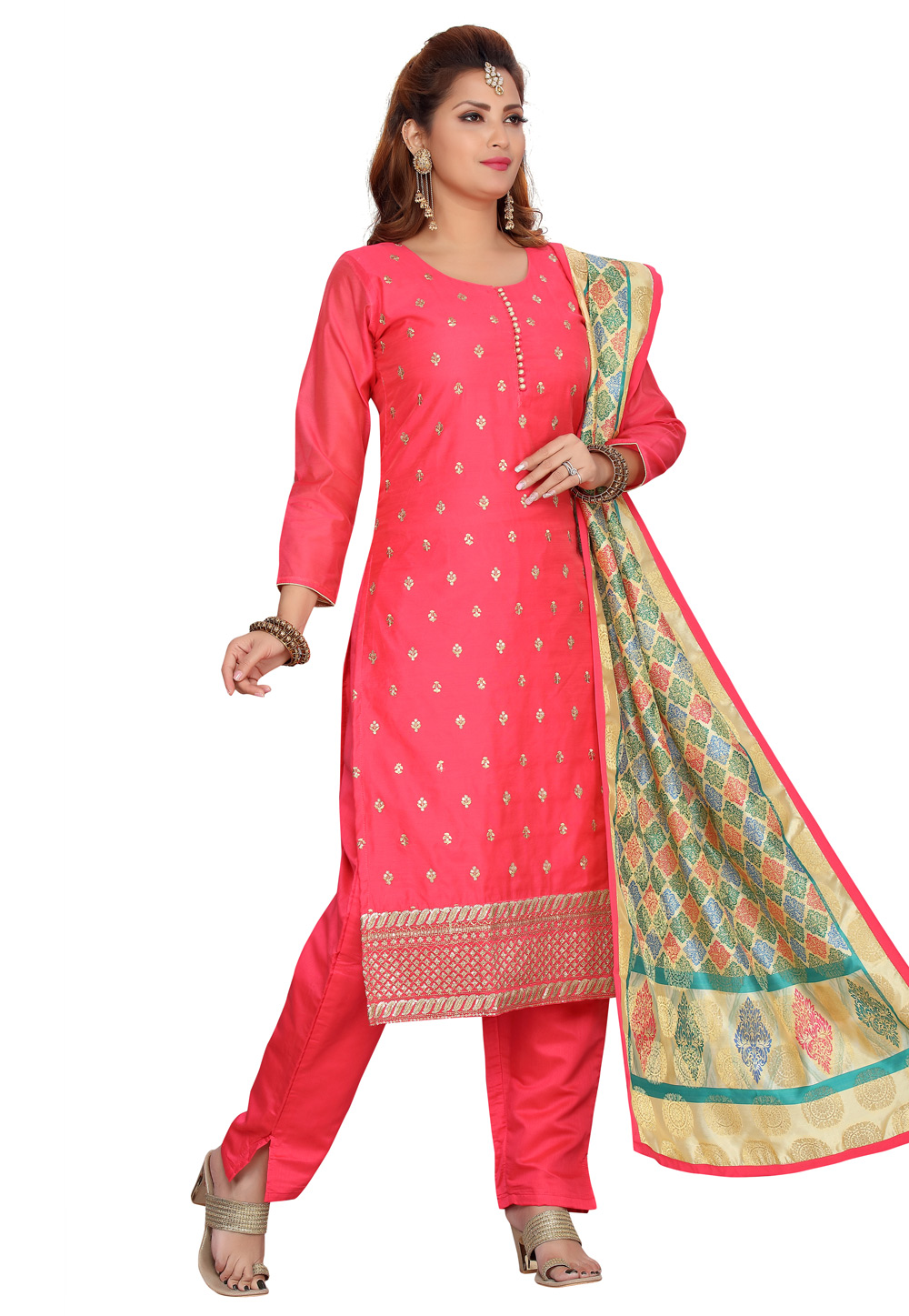 Pink Chanderi Readymade Kameez With Pant 224472