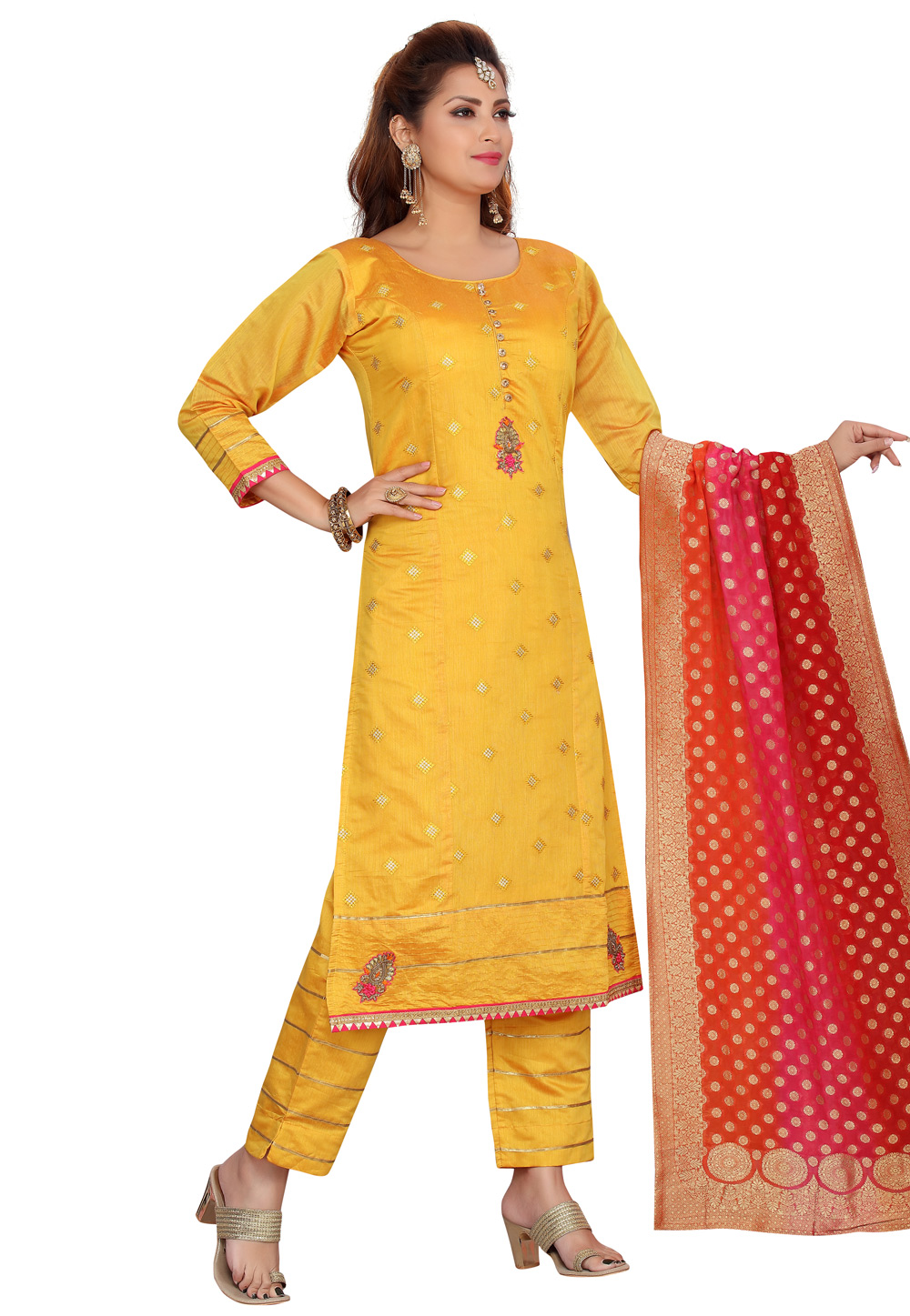 Yellow Chanderi Readymade Pant Style Suit 224473