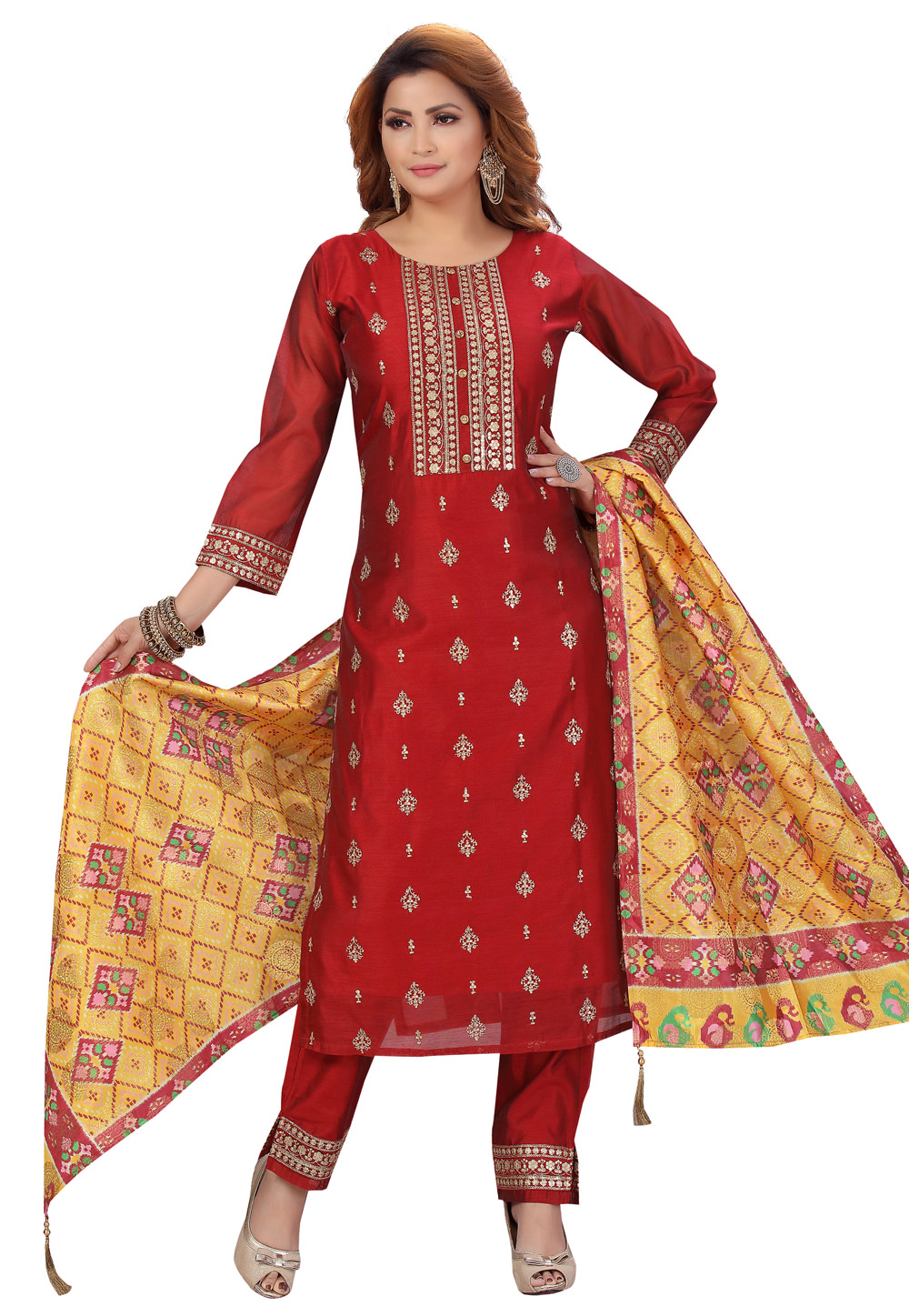 Maroon Chanderi Readymade Pant Style Suit 224420