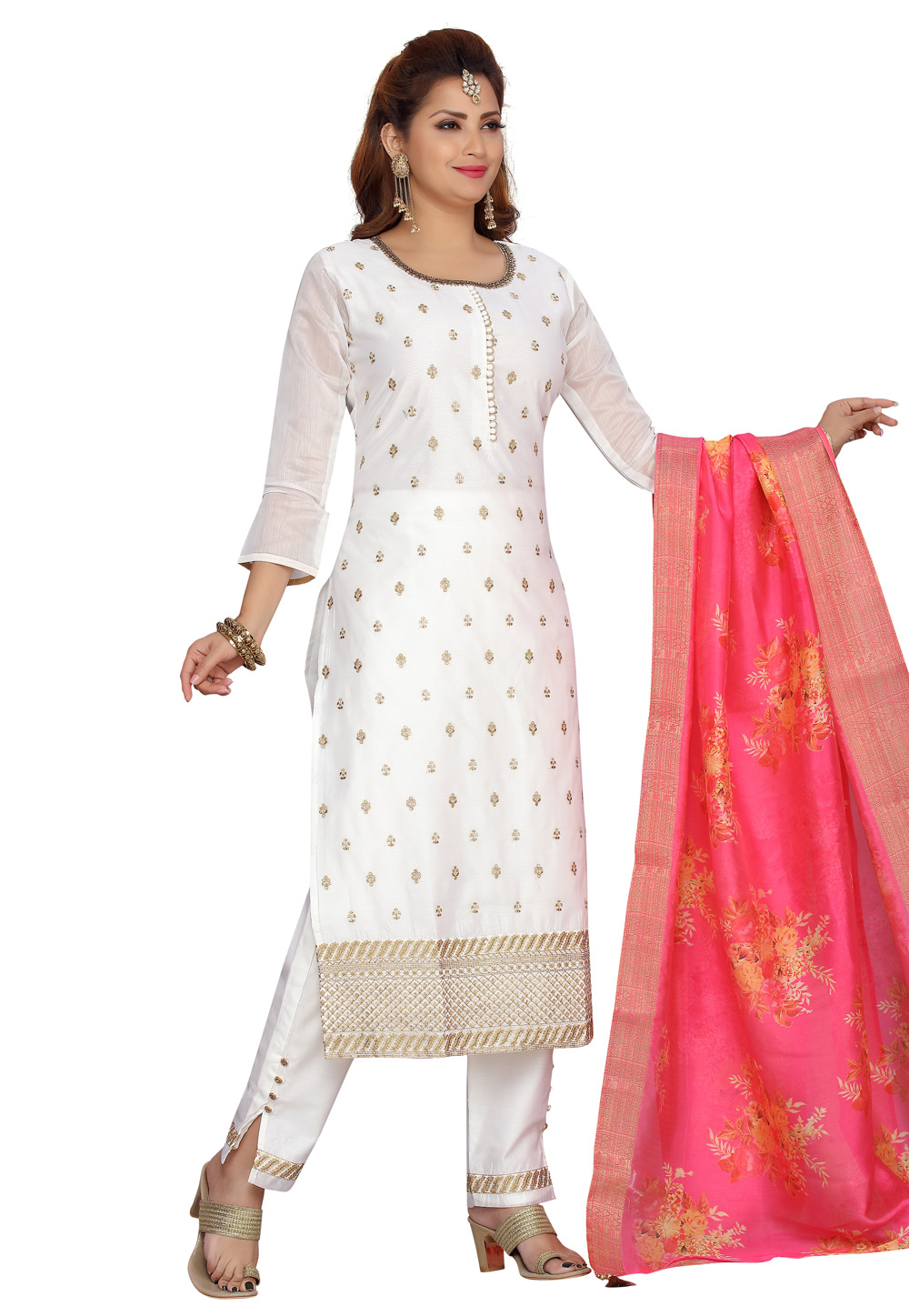 Off White Chanderi Readymade Kameez With Pant 224474
