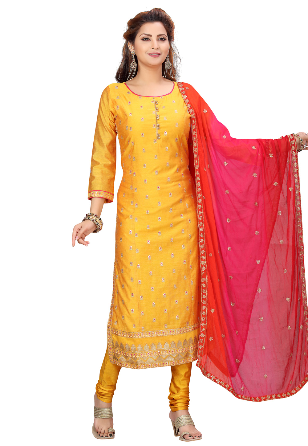 Yellow Chanderi Readymade Churidar Suit 224477