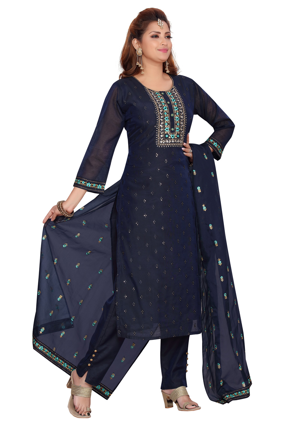 Navy Blue Chanderi Readymade Pant Style Suit 224478