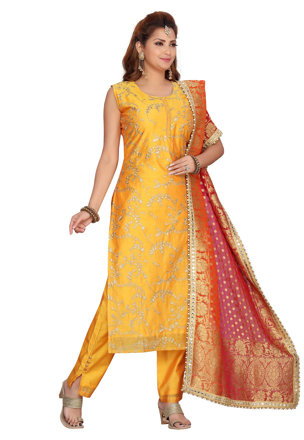 Yellow Chanderi Readymade Kameez With Pant 224481