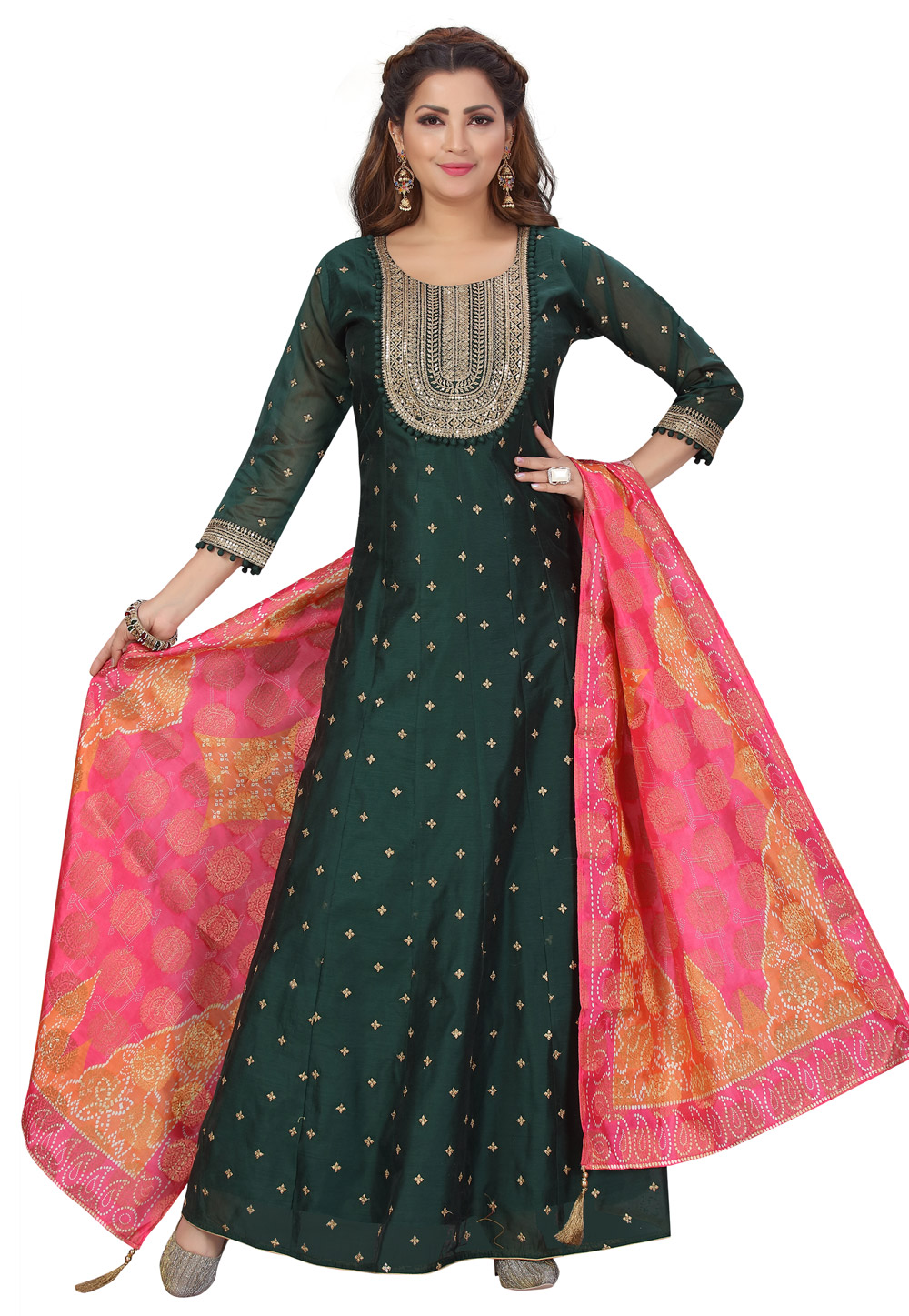 Green Chanderi Readymade Ankle Length Anarkali Suit 224423