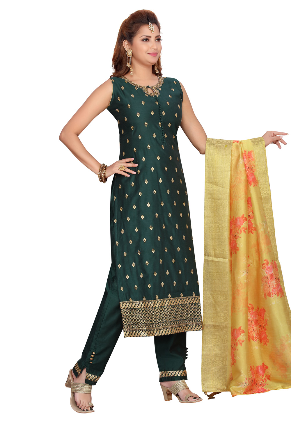 Green Chanderi Readymade Pant Style Suit 224482