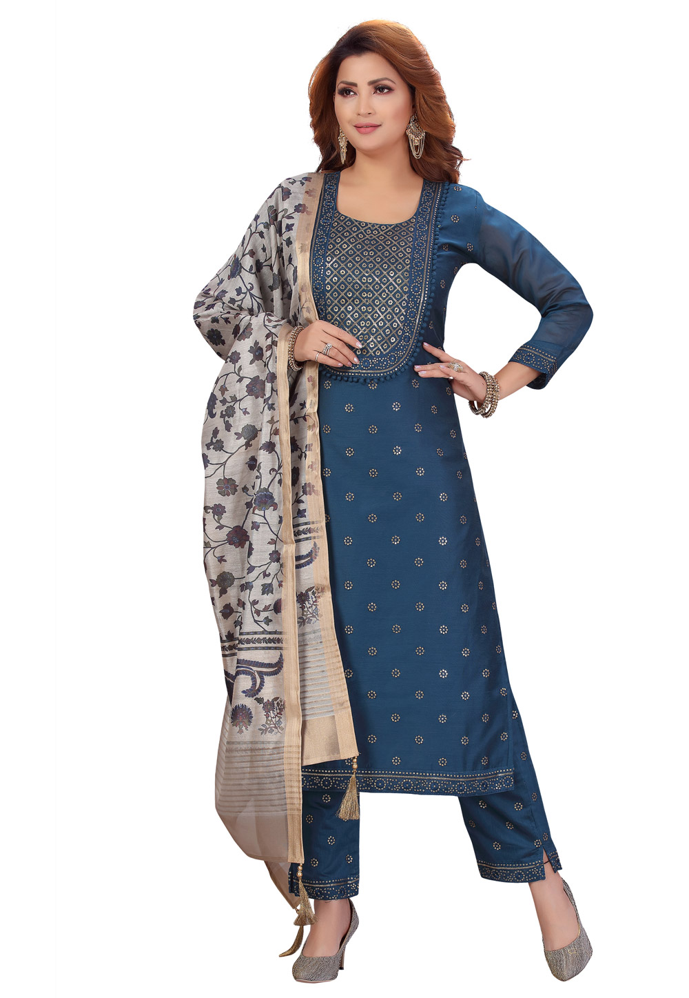 Navy Blue Chanderi Readymade Pant Style Suit 224424