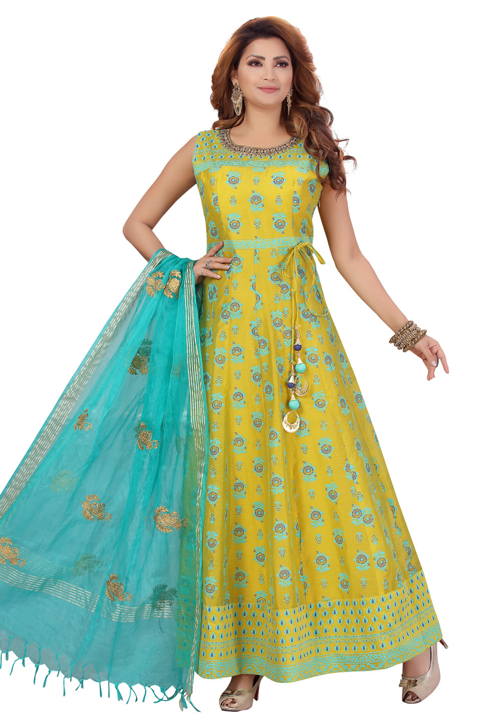 Yellow Chanderi Readymade Abaya Style Anarkali Suit 224427