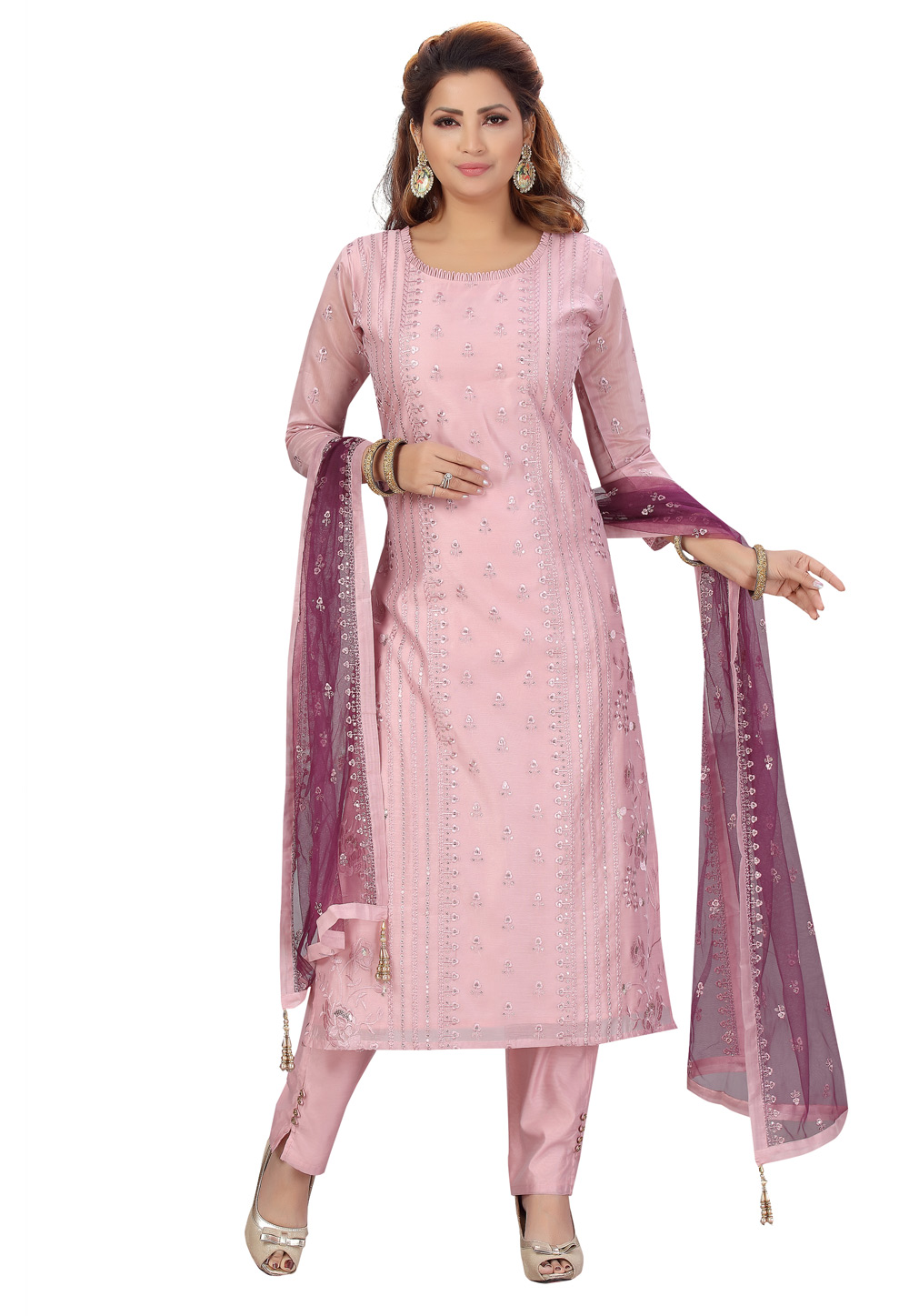 Pink Chanderi Readymade Kameez With Pant 224437