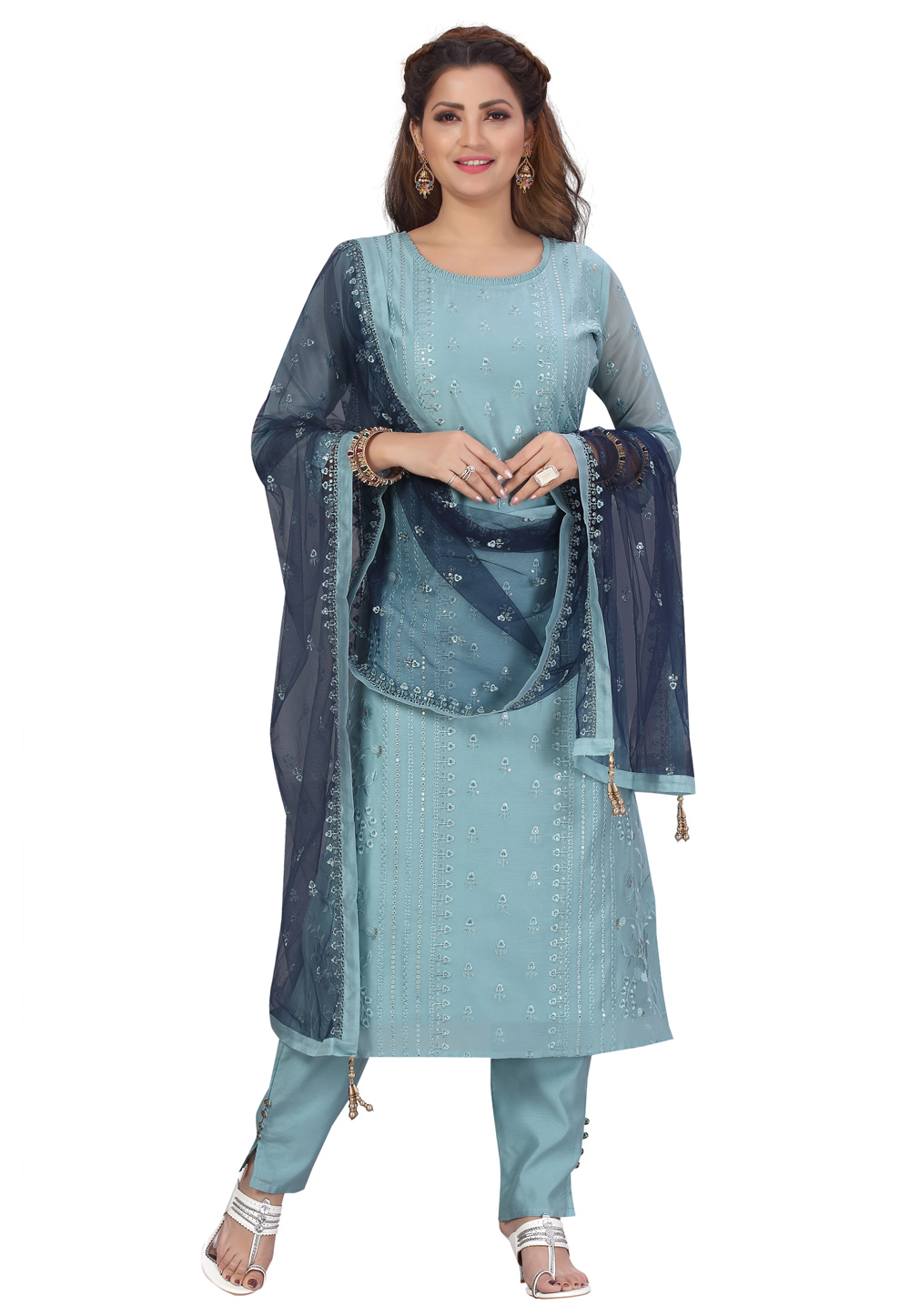 Sky Blue Chanderi Readymade Pant Style Suit 224438