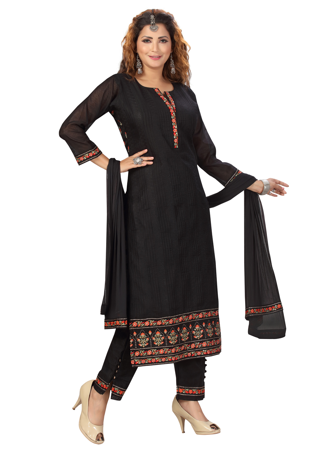 Black Chanderi Readymade Pant Style Suit 227732