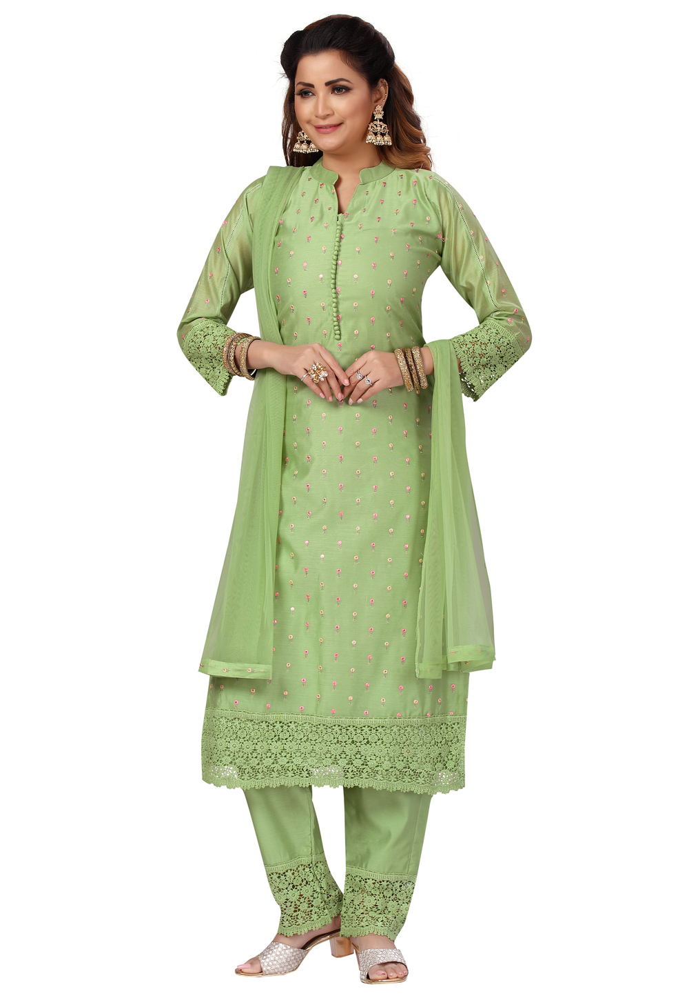 Light Green Chanderi Readymade Pant Style Suit 240353