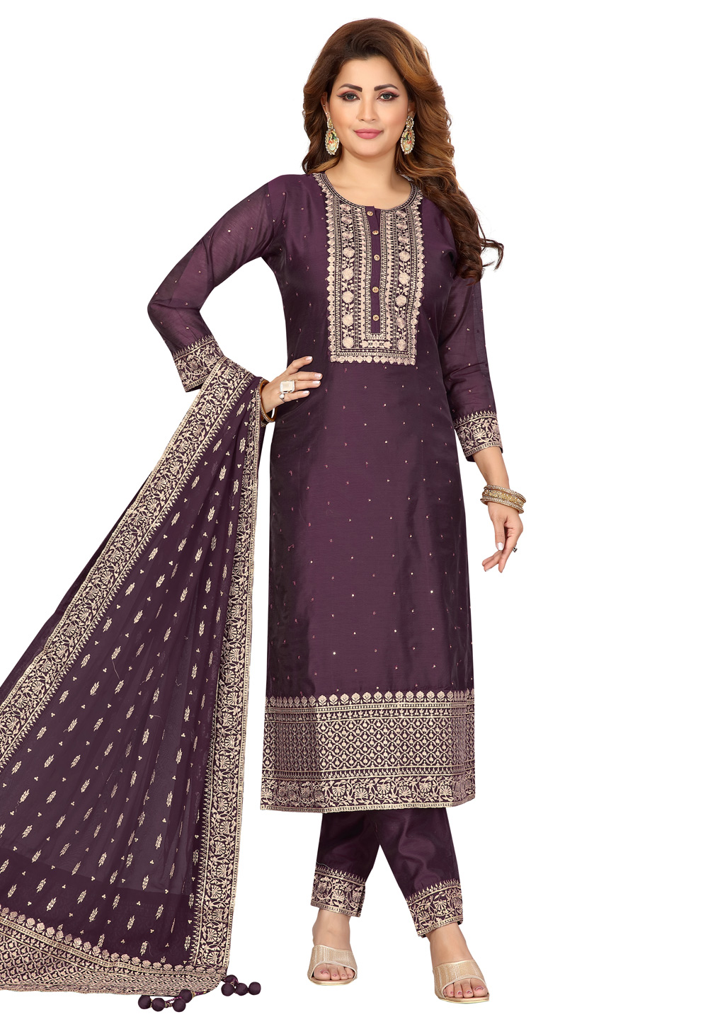 Wine Chanderi Readymade Pant Style Suit 243945