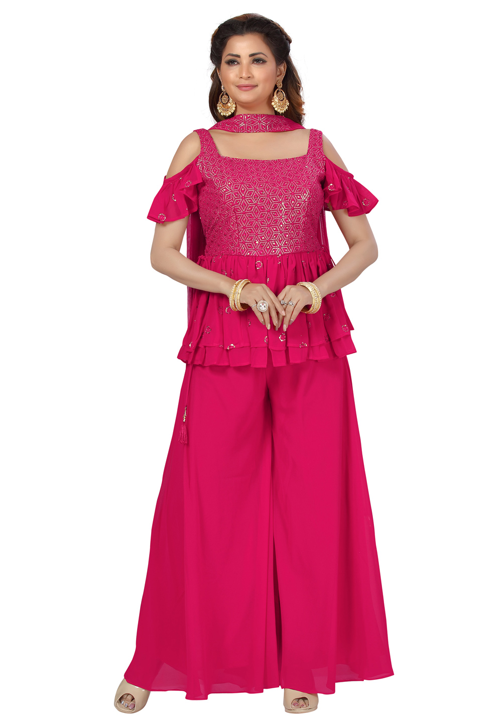 Magenta Georgette Readymade Palazzo Suit 239367