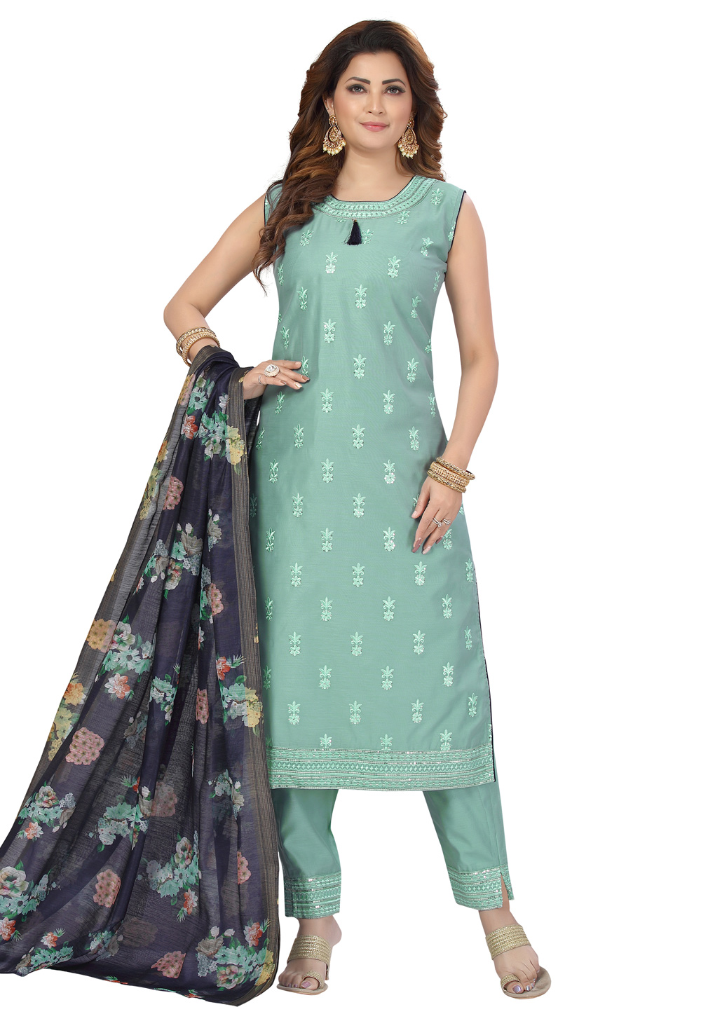 Sea Green Chanderi Readymade Pant Style Suit 239370