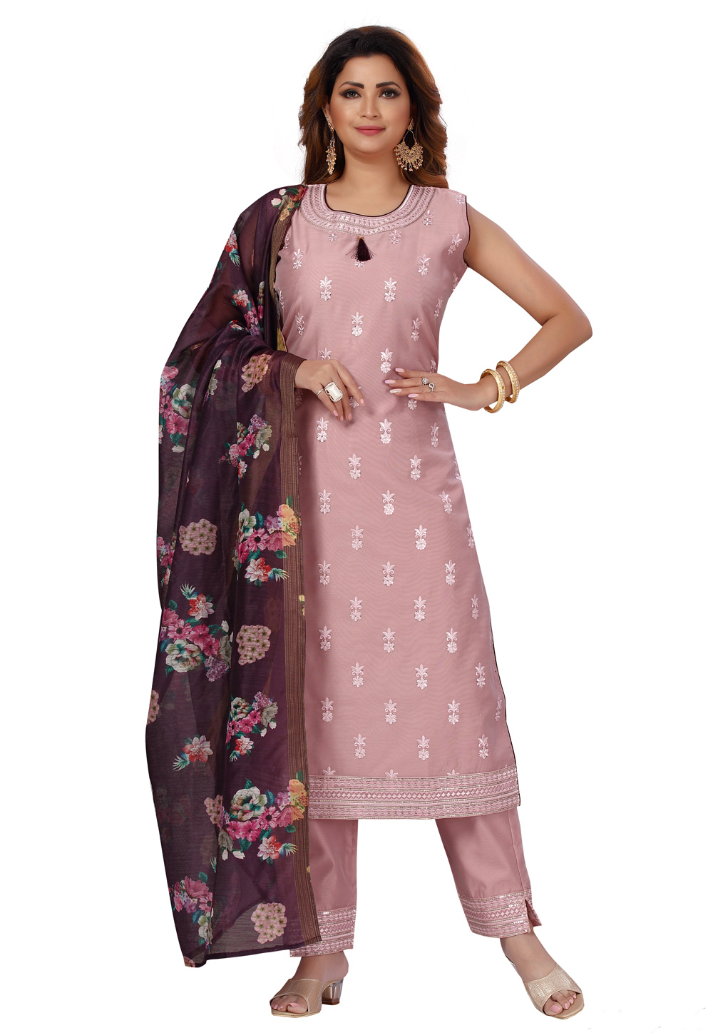 Pink Chanderi Readymade Pant Style Suit 240355