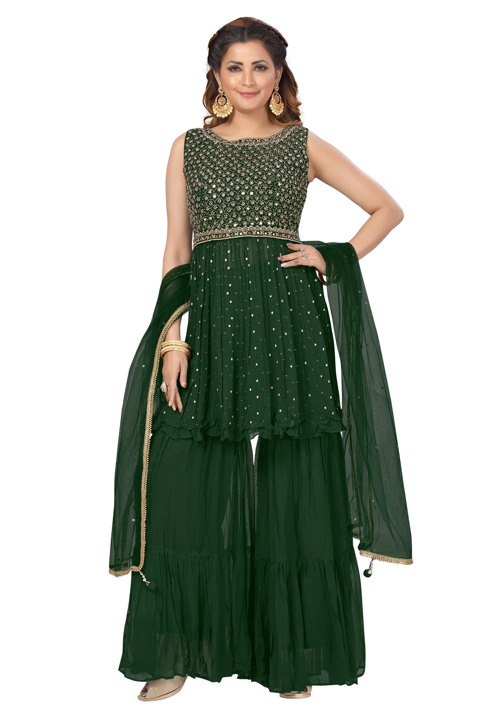 Green Georgette Readymade Sharara Suit 239375