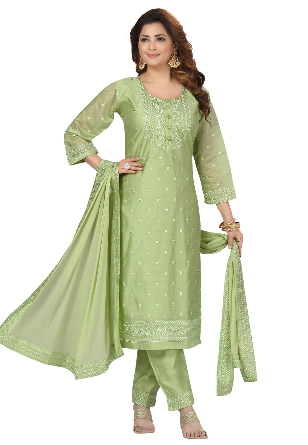 Light Green Chanderi Readymade Pant Style Suit 239377