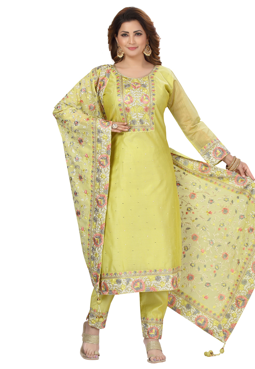 Light Green Chanderi Readymade Pant Style Suit 239381